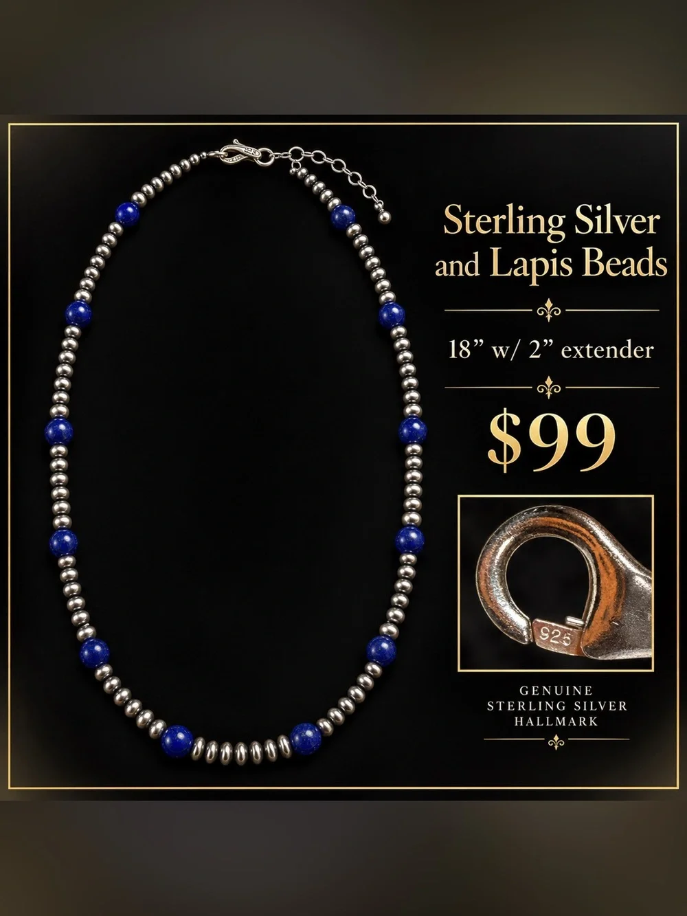 New Sterling Silver 925 & Lapis Bead Necklace 18” + 2” Extender